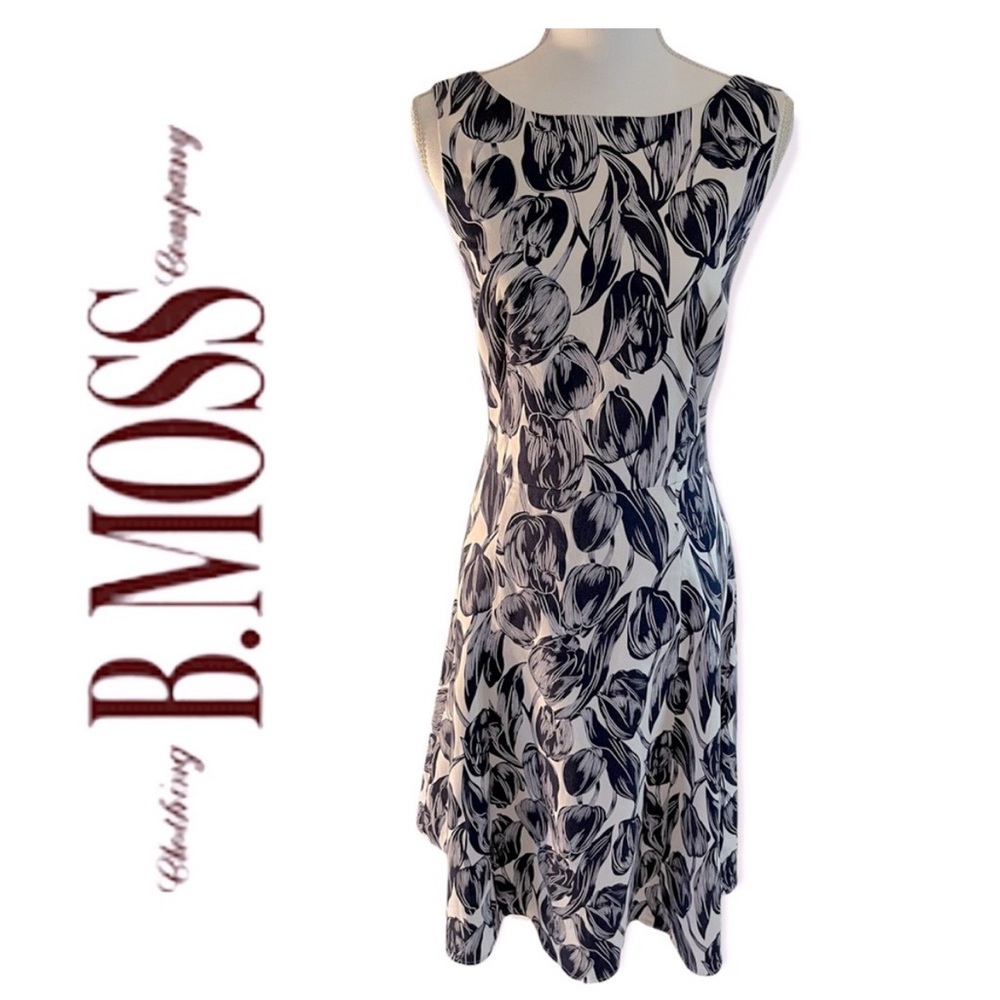 B Moss Navy Blue & White Floral Sleeveless Dress Size 4
